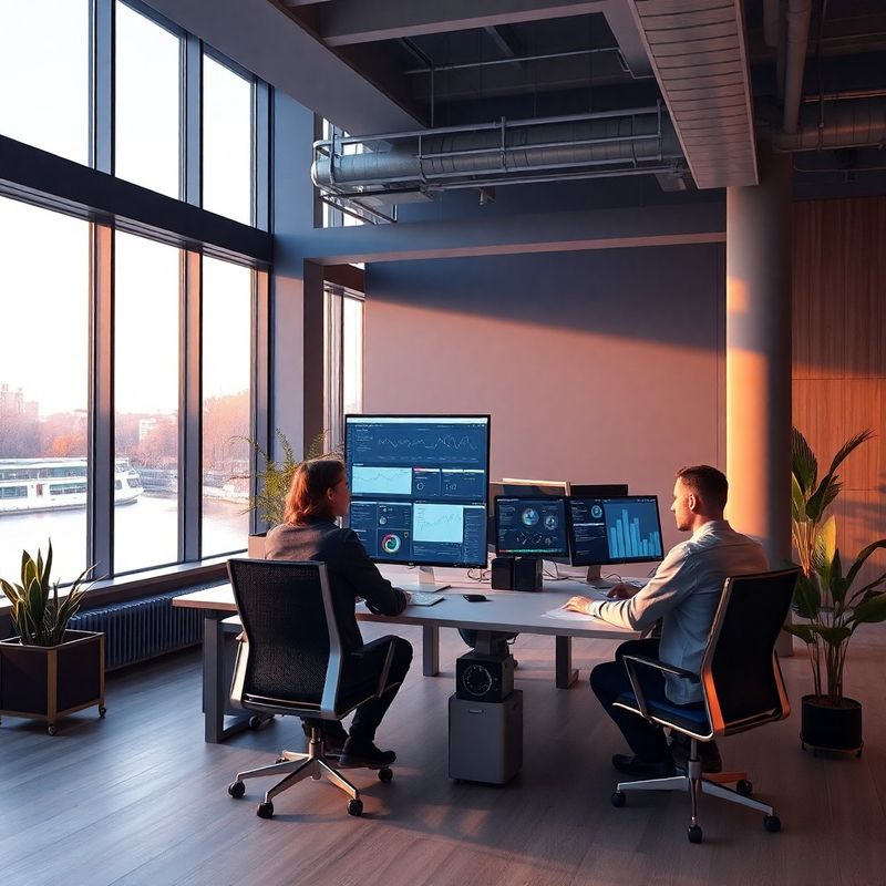 Engineers at monitors in a bright open-plan Timișoara workspace with indigo accent lighting